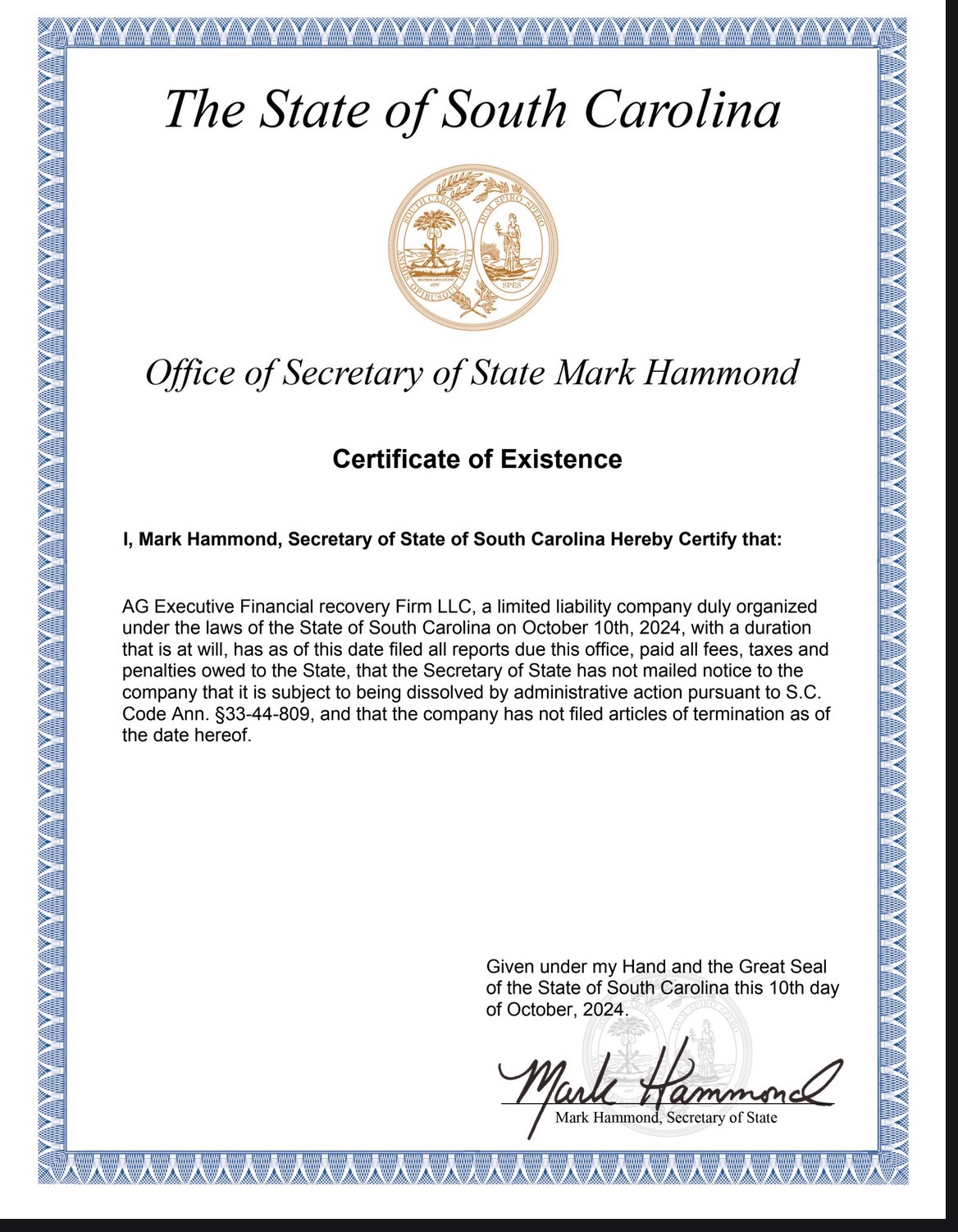 Certificate of Existence